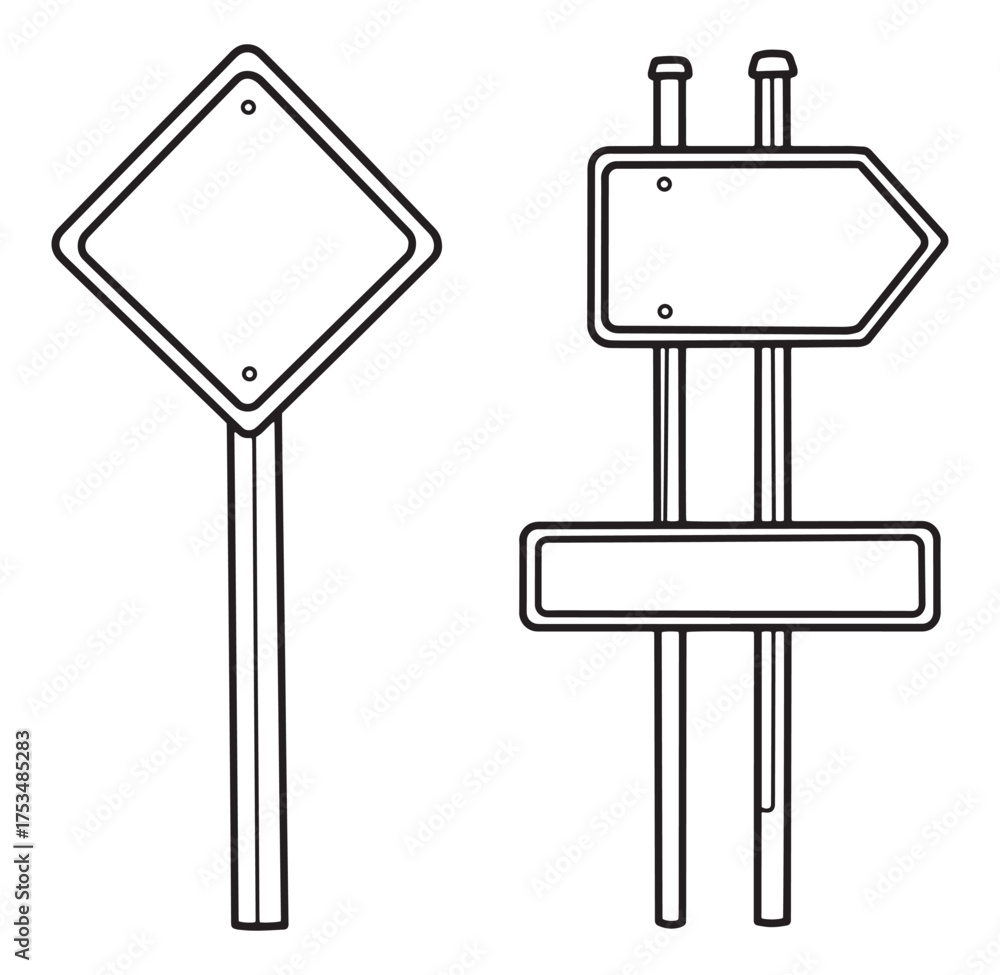 Fototapeta premium Simple black and white illustrated road signs for navigation and directional guidance