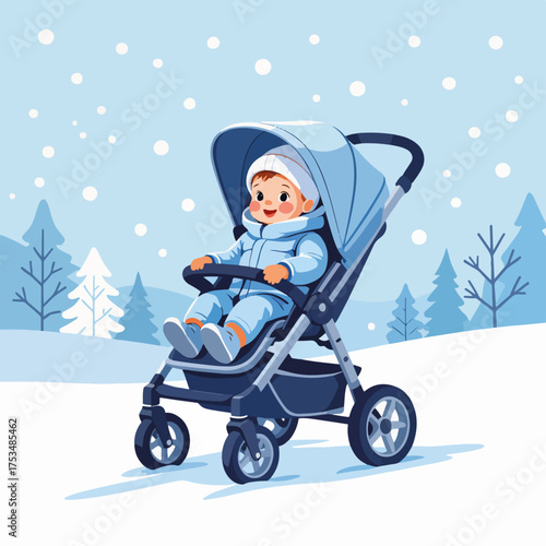 Baby in stroller enjoying snowy weather, baby in stroller explores winter wonderland, cute baby in stroller on sunny day. Baby warmly dressed in winter clothes explores snowscape, strolling in winter,