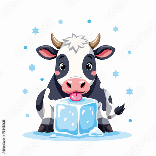 Playful cow licking ice block in winter scene with snowflakes surrounding. Cow enjoys icy treat while snowflakes add charm to the chilly atmosphere.