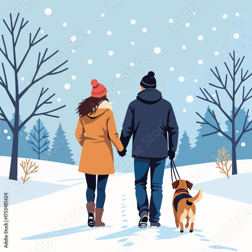 Couple walking dog in snow during winter stroll in serene landscape, enjoying snowfall and nature together. Winter scene features snow-covered path, trees, and a playful dog,