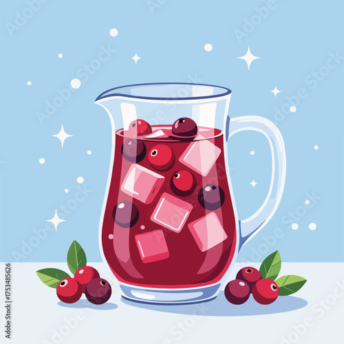 Refreshing cranberry punch pitcher with ice cubes and berries on blue background. This fruity cranberry punch is visually appealing with vibrant colors and perfect for summer gatherings.