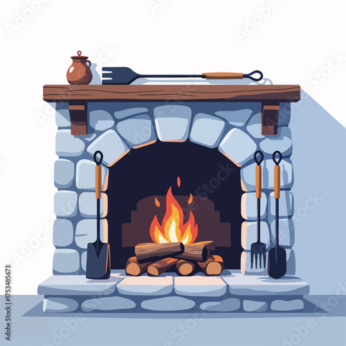 Cozy fireplace with stone wall and tools featuring firewood and flames for winter warmth. Fireplace tools arranged on the side create a welcoming atmosphere around the crackling fire.