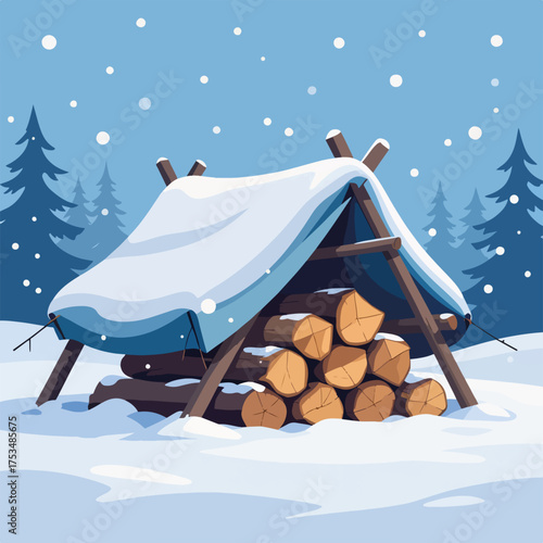 Firewood storage under snowy tarp in winter landscape with evergreen trees and falling snowflakes. Firewood shelter includes stacked logs covered by tarp, creating a rustic winter scene.