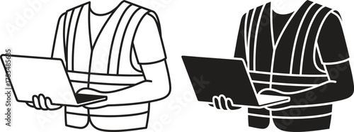 Worker in high visibility vest holding laptop computer