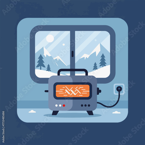 Cozy electric heater in cabin with snowy mountain view through window. Electric heater provides warmth and comfort in winter cabin setting. Concept of home heating for chilly days.