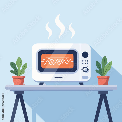 Modern microwave with steaming food on table surrounded by indoor plants, creating a cozy kitchen atmosphere. This attractive microwave is perfect for preparing meals in contemporary kitchens.