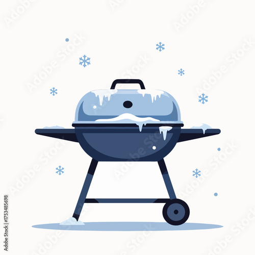 Frost on outdoor grill with snowflakes and icy cover on lid, winter scene showing frozen cooking equipment and chilly weather.