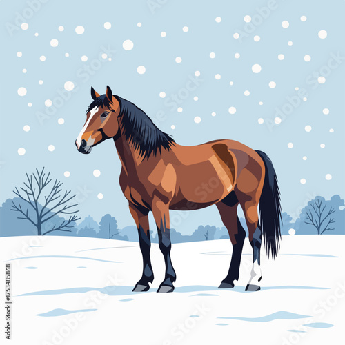 Horse in snowy paddock with falling snow and trees in background. Beautiful horse stands gracefully in winter landscape, capturing tranquil essence of snowy scenes.