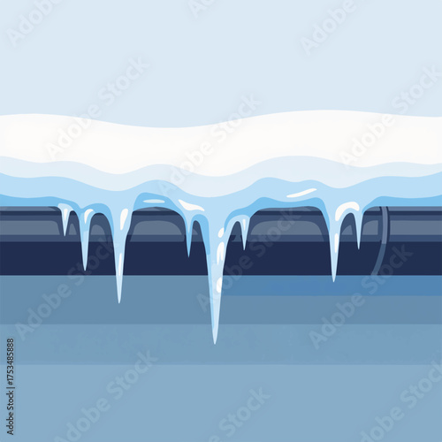 Ice buildup on gutter with icicles forming and snow covering, showcasing winter conditions in residential areas. Ice buildup on gutter can cause drainage issues during snow melting.