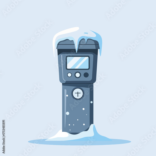 Icy parking meter covered with snow in winter setting, cold weather brings frost to parking meter displaying time.