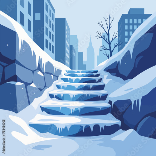 Icy steps leading through snowy cityscape with frost-covered buildings and barren trees. Icy steps covered with fresh snow create a chilly pathway in urban environment.