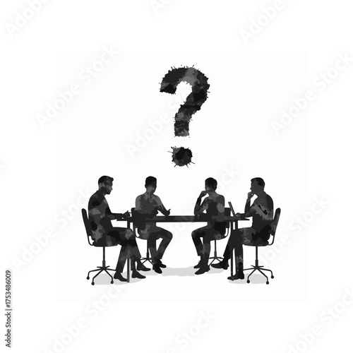 Silhouette illustration of a business team in a meeting discussing a major corporate question, representing challenges, uncertainty, and problem-solving