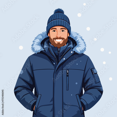 Smiling man in warm snow parka with hat in winter snow scene. Man dressed in stylish blue outerwear, featuring fur-lined hood and cozy beanie. Concept of winter fashion and outdoor activities.