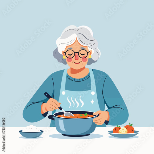 Elderly woman stirring stew in kitchen with bowl of rice and turkey on table. Woman happily prepares delicious meal in cozy cooking space. Warm family gathering around homemade stew concept.