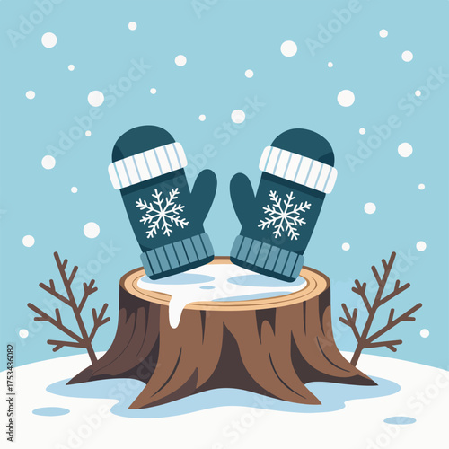 Cozy mittens resting on a snowy tree stump with snowflakes falling gently in winter landscape. These mittens evoke warmth and comfort during the chilly season,