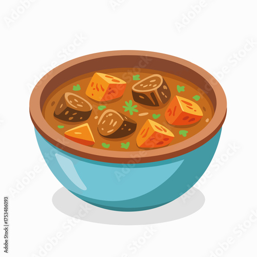 Mutton stew in clay bowl, showcasing rustic charm and savory delight, flat illustration.