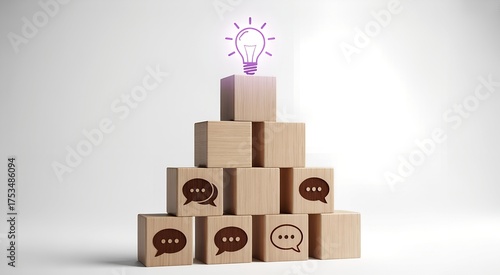 Wooden blocks stacked with light bulb and speech bubble isolated on white background