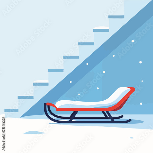 Sled under stairs, a festive flat illustration in cold colors showing winter fun. Sled under stairs waiting for children to enjoy sledding in winter,