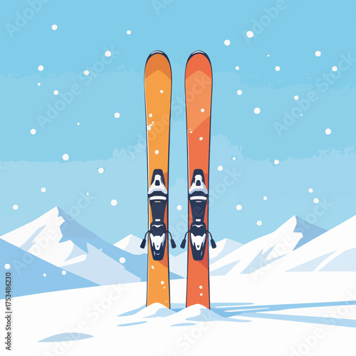 Skis stuck upright in snow provide winter sporting fun on sunny slopes, creating a vibrant skiing scene. Skis are stuck upright, ready for snowy mountain adventures, framed against wintery landscapes,