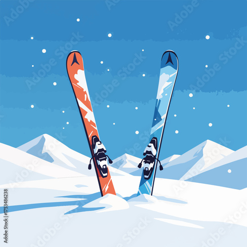 Skis stuck in snow in winter landscape, scenic mountain backdrop with ski equipment partially submerged. Skis stuck in snow highlights concept of winter sports adventure, ideal for enthusiasts.