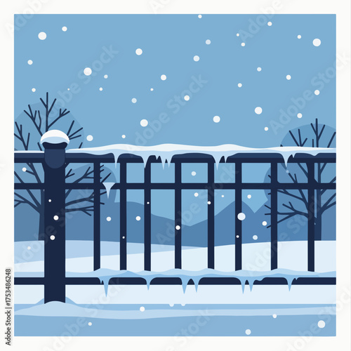 Sleet on metal railing creates winter scene, depicting icy coating on fence, adding to seasonal outdoor landscape. Sleet adds dimension and texture, making winter landscape picturesque,