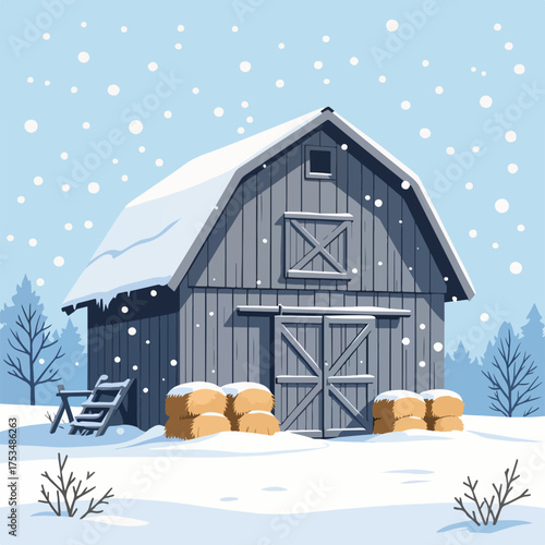 Snow covered hayloft illustration with bales of hay and snow falling during winter season. Snow covered hayloft creates scene with snowy trees and bushes, frozen winter landscape.