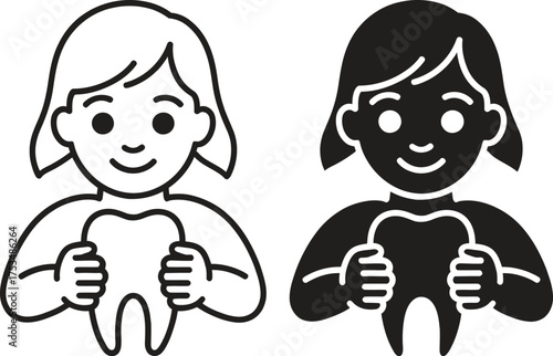 Child holding a tooth in black and white outline and silhouette