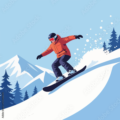 Snowboarder halfpipe illustration on a snow covered mountain with evergreens and blue sky. This snowboarder halfpipe scene depicts an athlete in action, performing an aerial maneuver on a sunny day.