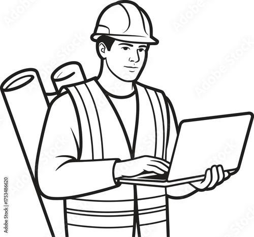 Construction worker with hard hat safety vest and blueprints using laptop