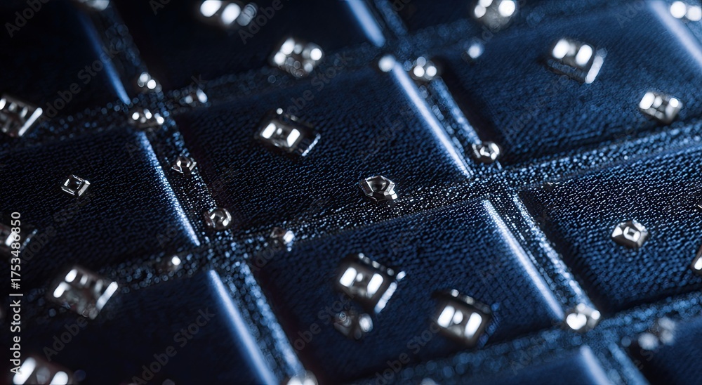 Obraz premium Detailed close-up of deep blue, quilted leather with silver-toned studs