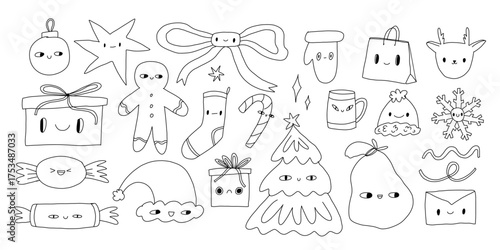 Naive christmas items with cute faces. Set characters with eyes and mouth. Hand Drawn Elements Clipart, Organic Vector