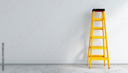 An upright, bright yellow stepladder leaning against a stark white wall, in a minimalist composition