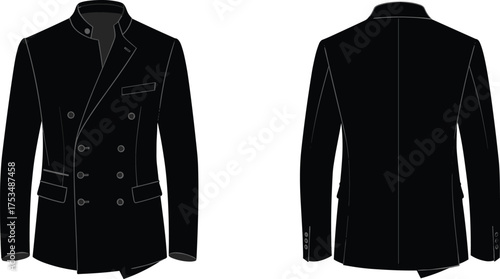 Black double breasted jacket with mandarin collar front and back views black jacket front view