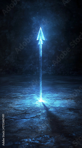 A glowing arrow emerging from a blank floor symbolizing direction guidance and breakthrough representing forward momentum clarity of purpose and the moment of decisive action