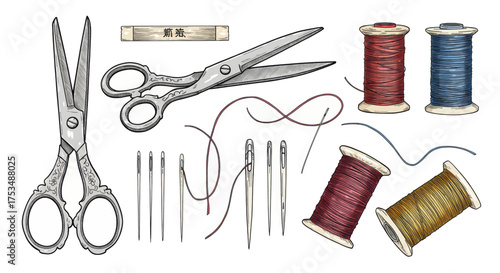 Artistic Collection of Sewing Tools Scissors, Needles, and Thread Spools