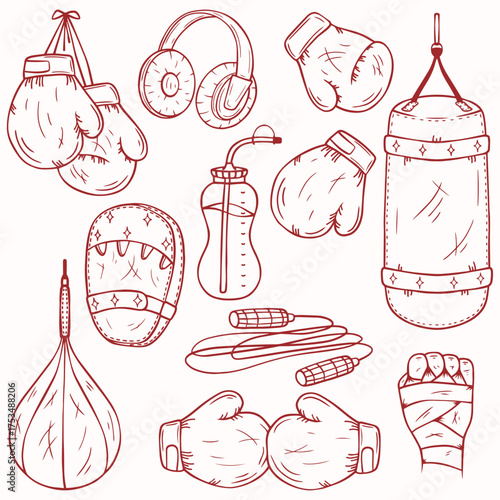 Minimalistic boxing art set, vector line art