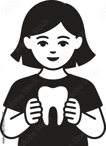 Young girl holding a large tooth illustration