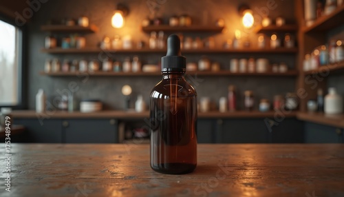 Amber glass dropper bottle sits on wooden counter. Shelves with products fill blurred barbershop background. Use for beard oil ads, grooming biz, hair products.