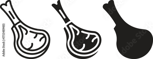 Three styles of lamb chops icons including outline filled and silhouette