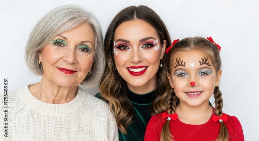 Fototapeta premium Three generations of women with festive makeup smiling at the camera