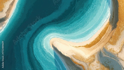 Abstract art piece of vibrant turquoise and golden textures, resembling a coastline and water