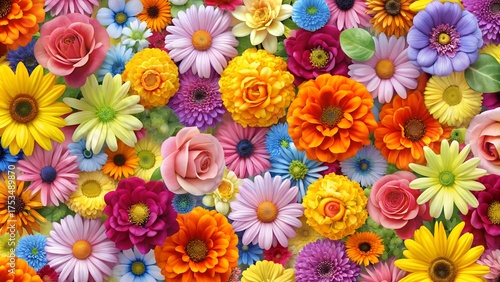 A beautiful and diverse arrangement of various blooming flowers in a multitude of bright and cheerful colors, creating a lively floral pattern