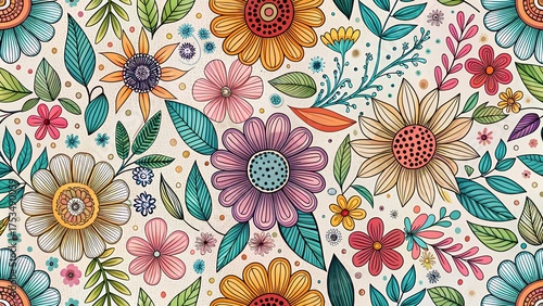 Vibrant and colorful floral pattern with handdrawn flowers and leaves, perfect for textiles and wallpapers