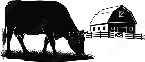 Black silhouette of a cow grazing near a barn, farm life illustration