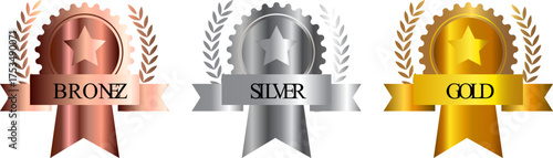 Gold silver bronze award badges with star, ribbon and laurel