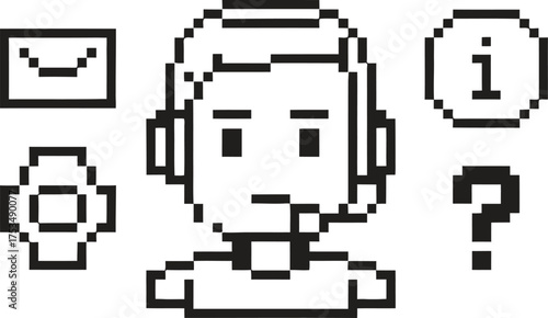 Pixel art customer support agent with icons for information and help