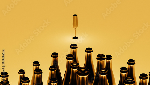Celebrate New Year with golden bottles at a festive party scene