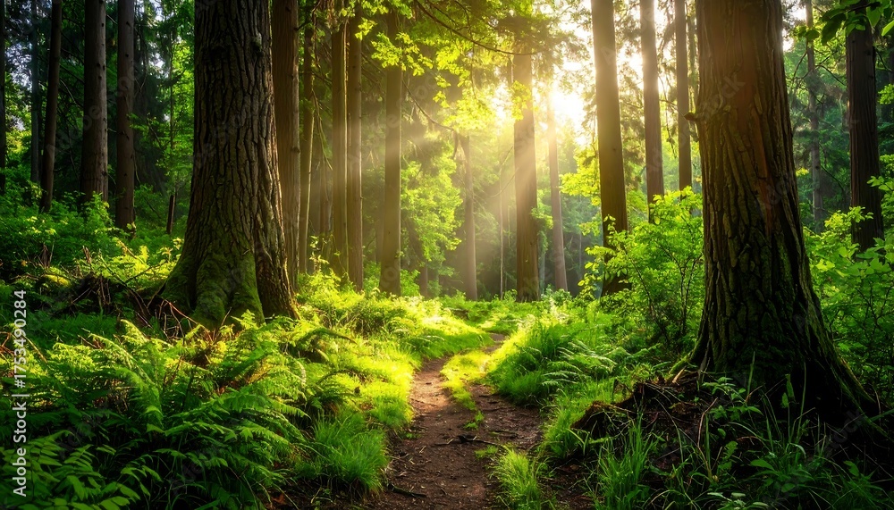 Fototapeta premium A sunlit forest path winds through tall trees with vibrant green ferns and foliage. Rays of light stream through the canopy