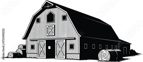 Graphic black and white barn with hay bales, farm building illustration