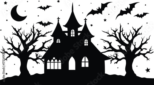 Vector art of silhouette of a haunted house on a hill with a large moon and bats flying in the night sky